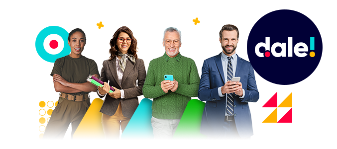 2 hombres y 2 mujeres sonriendo con el logo de dale