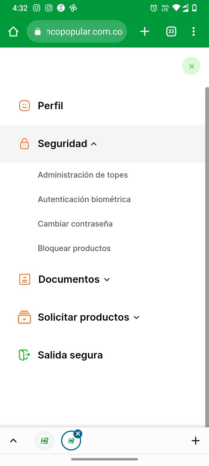 Imagen del menú de configuración del la aplicación del Portal Transaccional