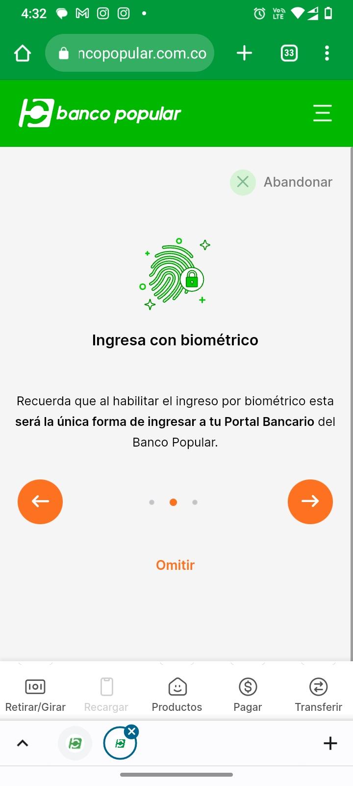 Imagen del menú de configuración del la aplicación del Portal Transaccional