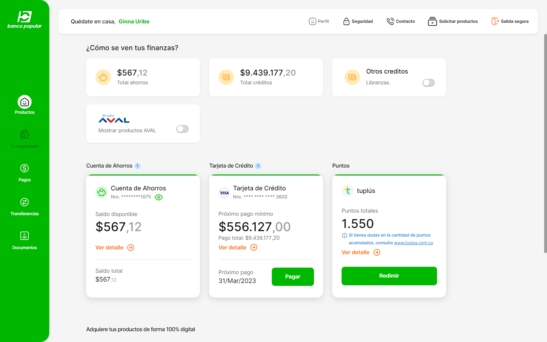 Imagen del dashboard del Portal transaccional