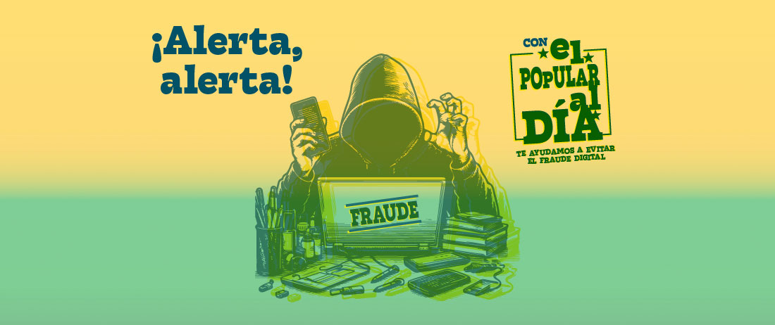 silueta de un hacker con capota y una laptop, sobre fondo amarillo y verde