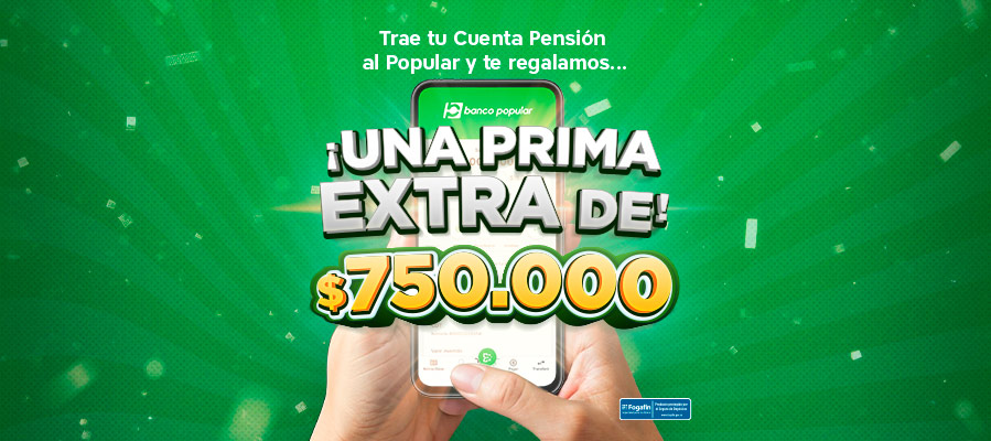 Manos sosteniendo celular y textos de prima de 750.000