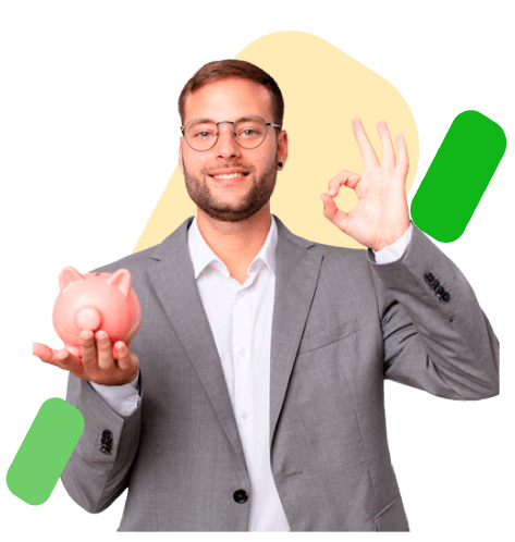 imb-image hombre joven con traje y camisa blanca sosteniendo una alcanciaen la mano