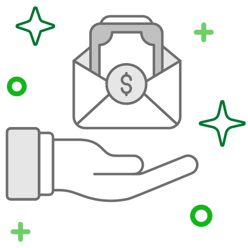 Icono mano pagando impuesto de renta en un sobre