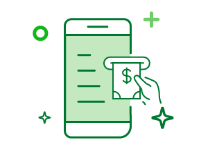 icono celular con billete y mano
