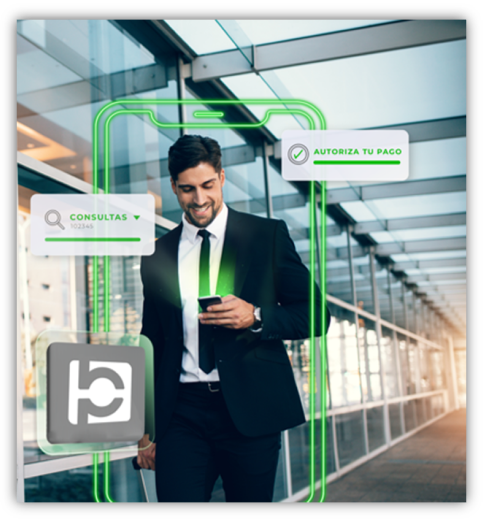 hombre ejecutiva con celular accediendo a la app Banco Popular
