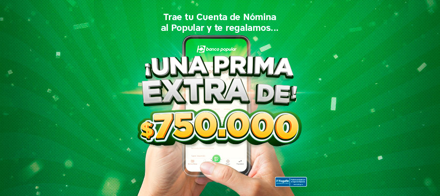 Manos sosteniendo celular y textos de prima de 750.000