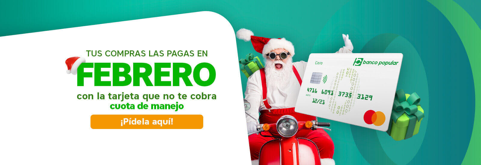 Papá Noel en moto con regalos y la tarjeta cero Banco Popular