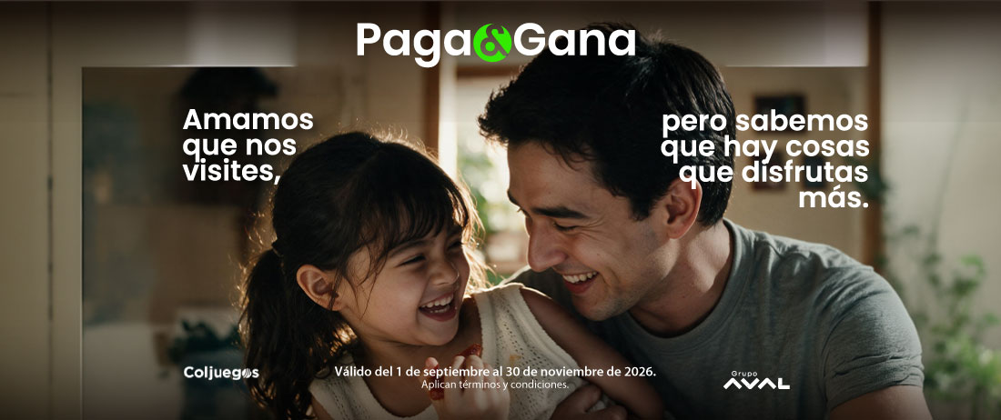 Campaña Paga y Gana Banco Popular Colombia: padre e hija sonriendo junto a beneficios de transacciones digitales