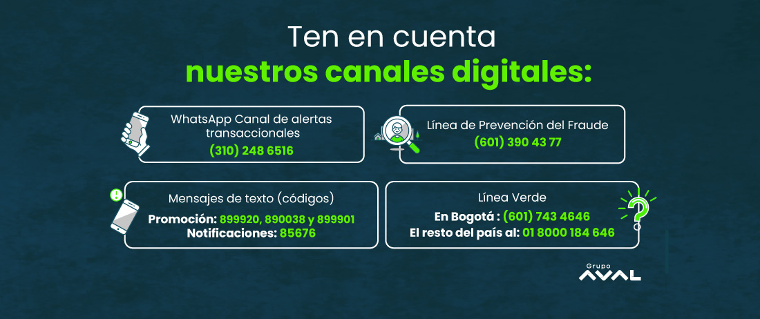 Canales oficiales de seguridad y prevención de fraude de Banco Popular Colombia: WhatsApp 3102486516, Línea de Prevención del Fraude y Línea Verde