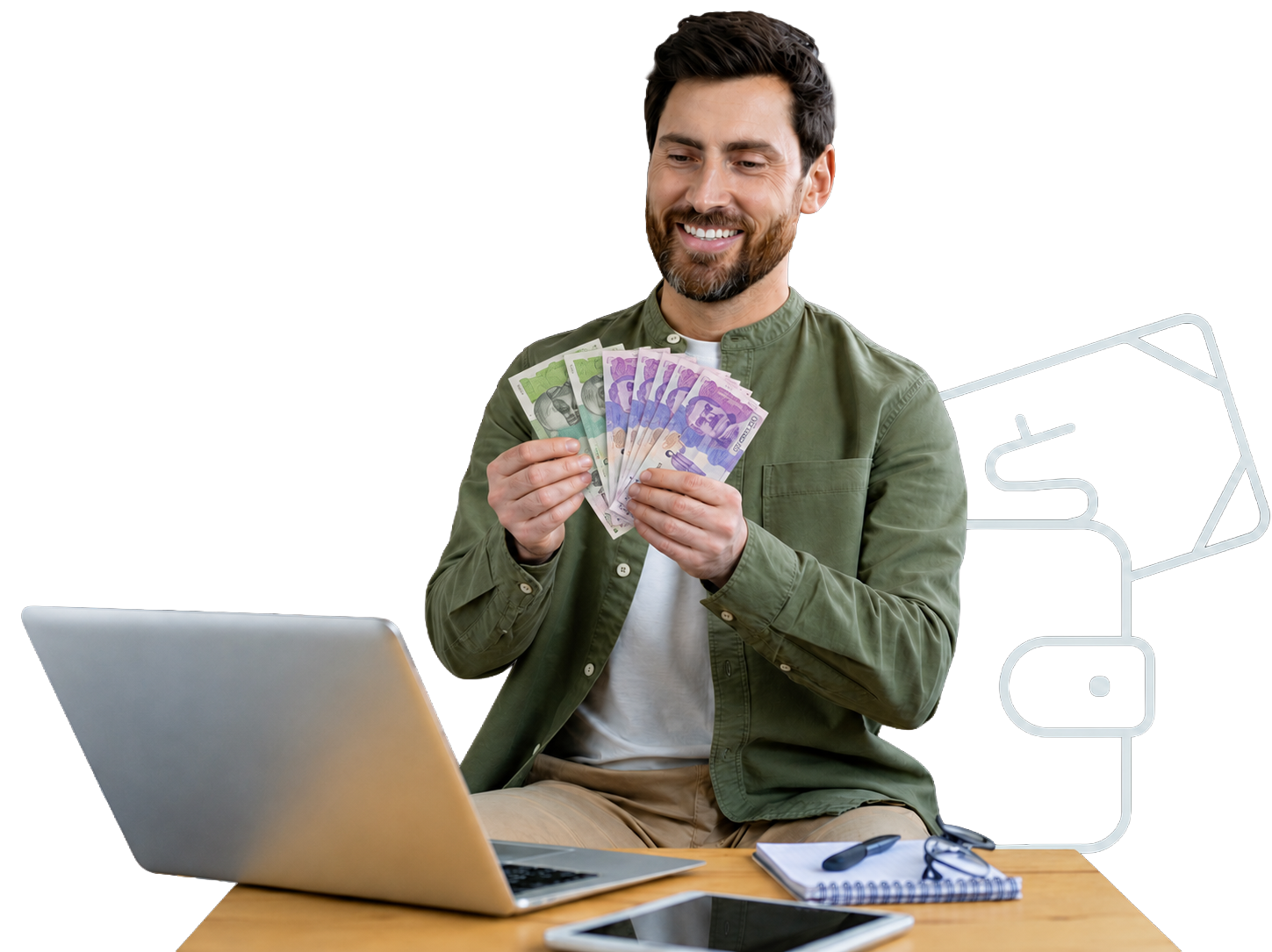 hombree sonriendo mientras cuenta sus dinero , COP