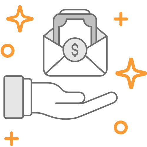 Icono mano pagando impuesto de renta en un sobre