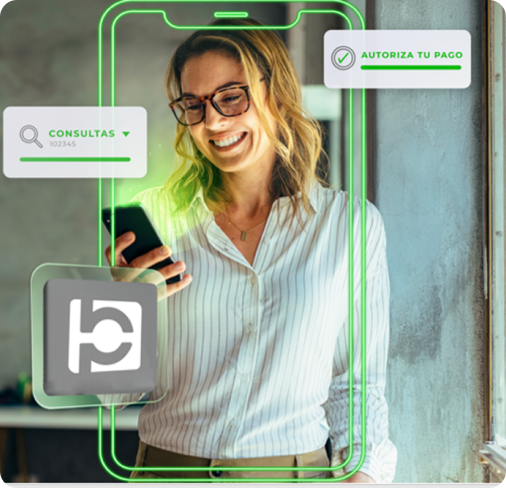 hombre ejecutiva con celular accediendo a la app Banco Popular