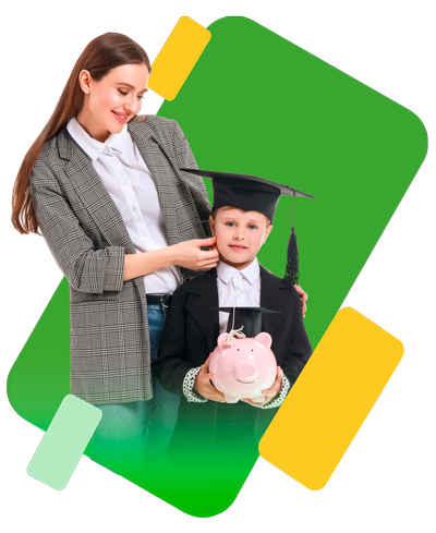 Mujer de mediana edad de cabello largo y abrigo, acariciando a su hijo, Niño con birrete y alcancía en sus manos 