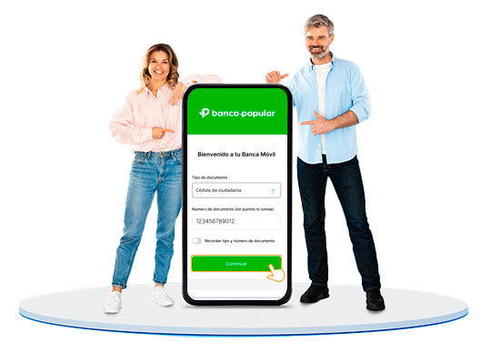 Hombre y mjer con celular gigante mostrando la banca movil de Banco Popular